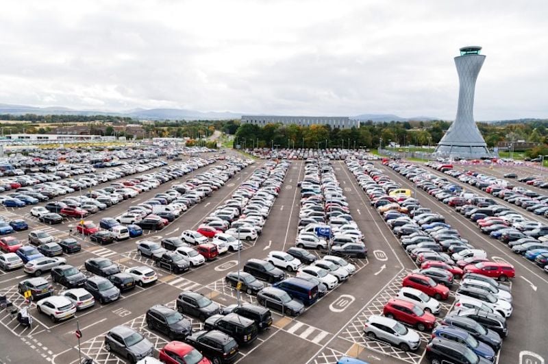 Elevated view of an airport terminal car park