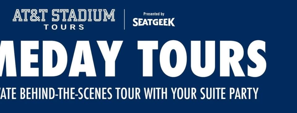 AT&T Stadium field shown in a wide Gameday Tour banner
