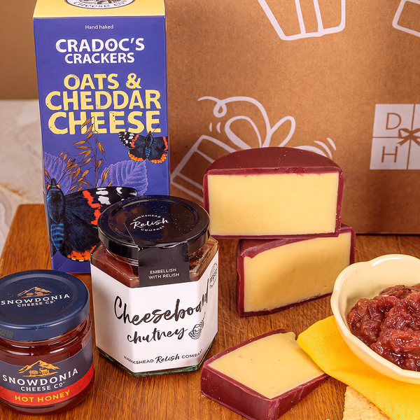 Cheese and wine hamper with savoury items