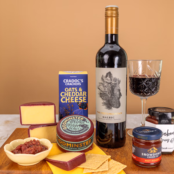 The Cheese and Wine Hamper arranged as a food gift