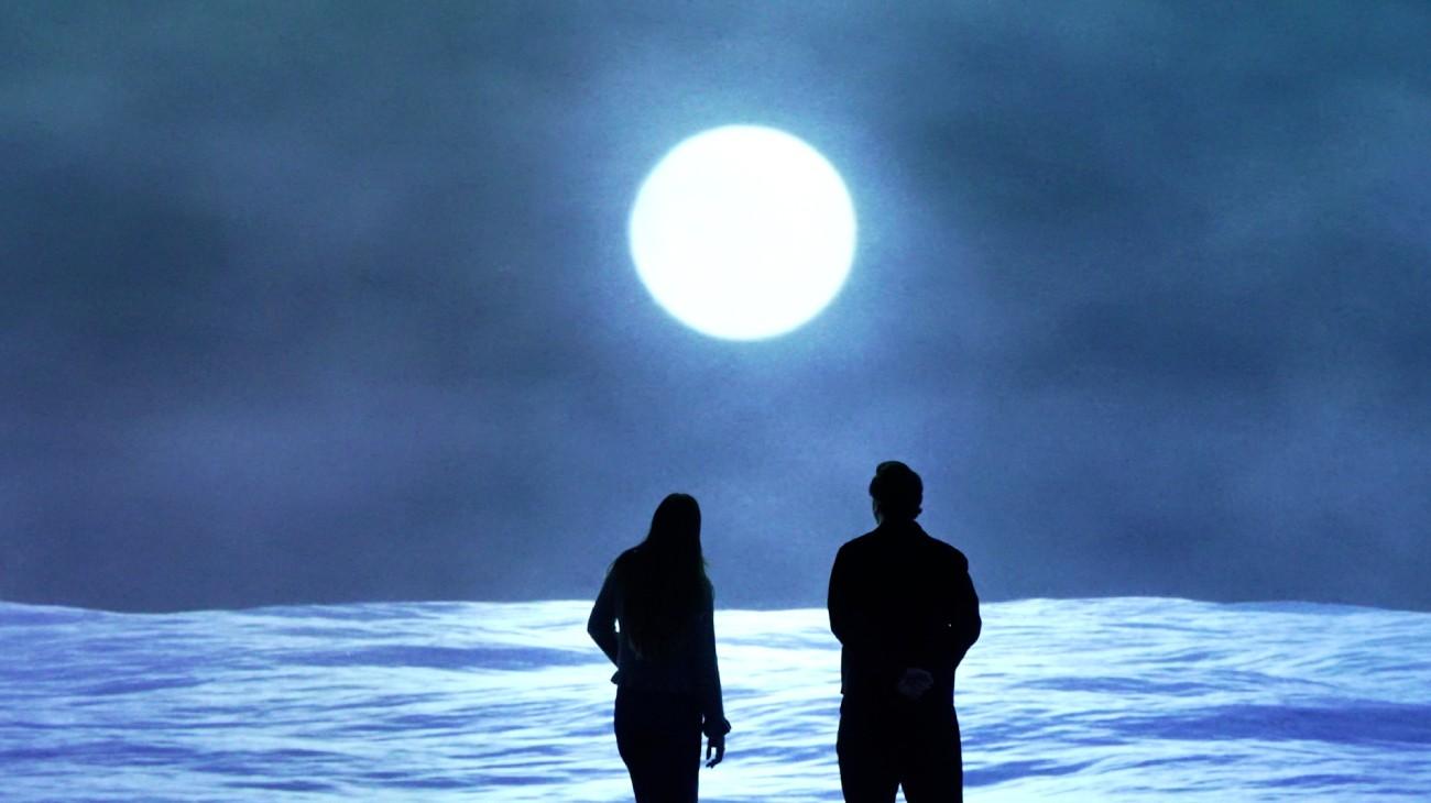 Silhouetted visitors facing a moonlit projection at Frameless