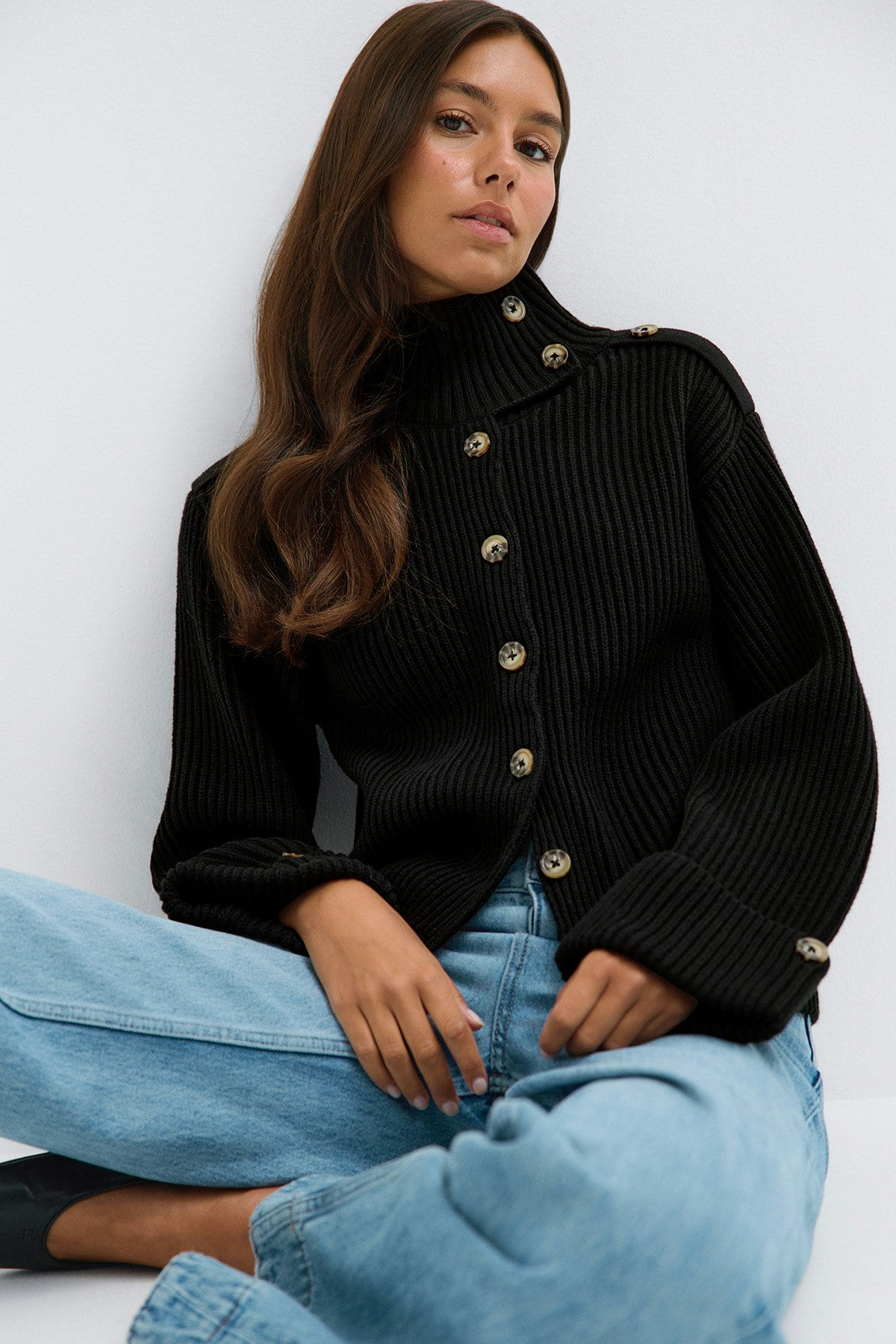 Black rib-knit cardigan with polo neck