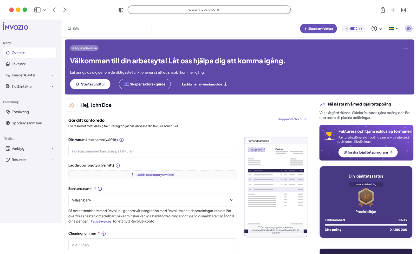 Översiktspanel för fakturering i Invozio