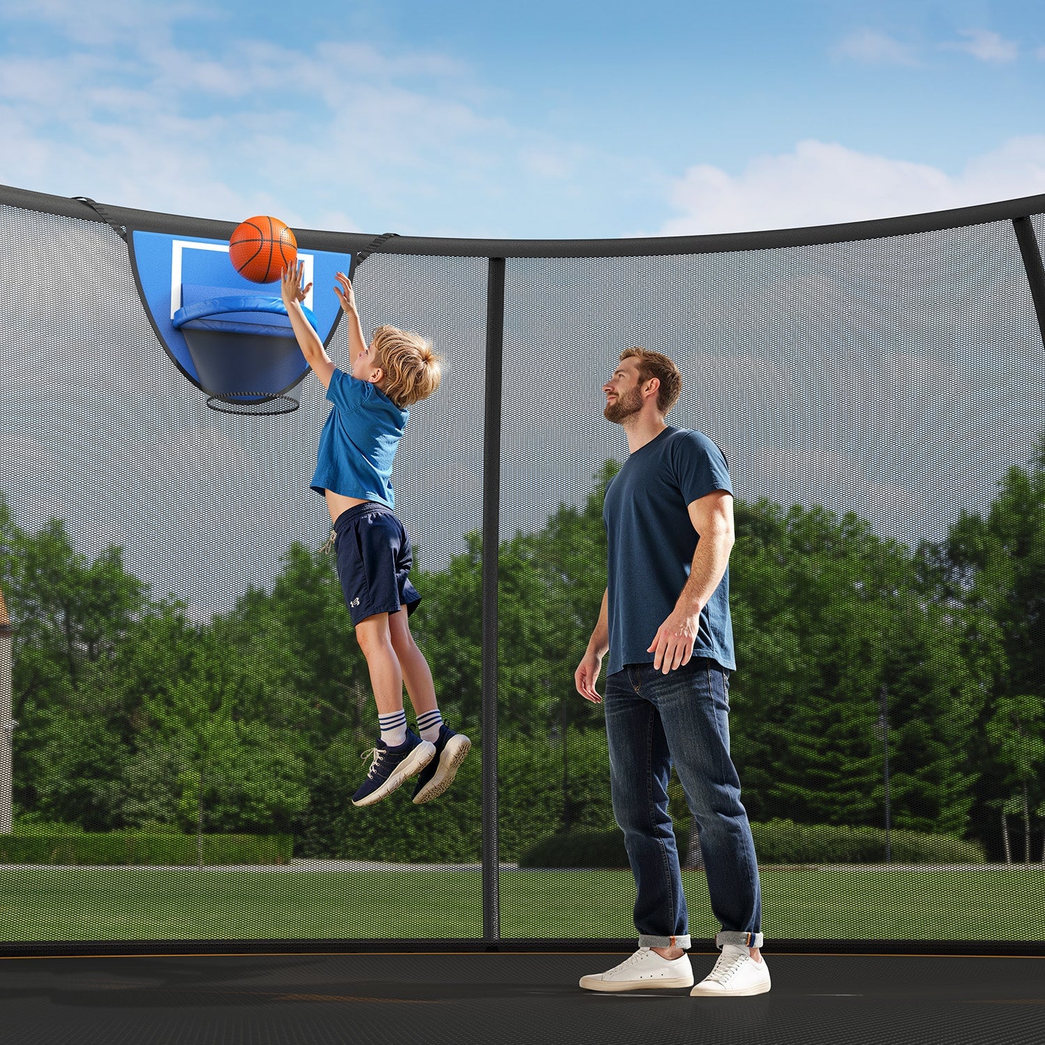 Merach outdoor trampoline set up in a garden