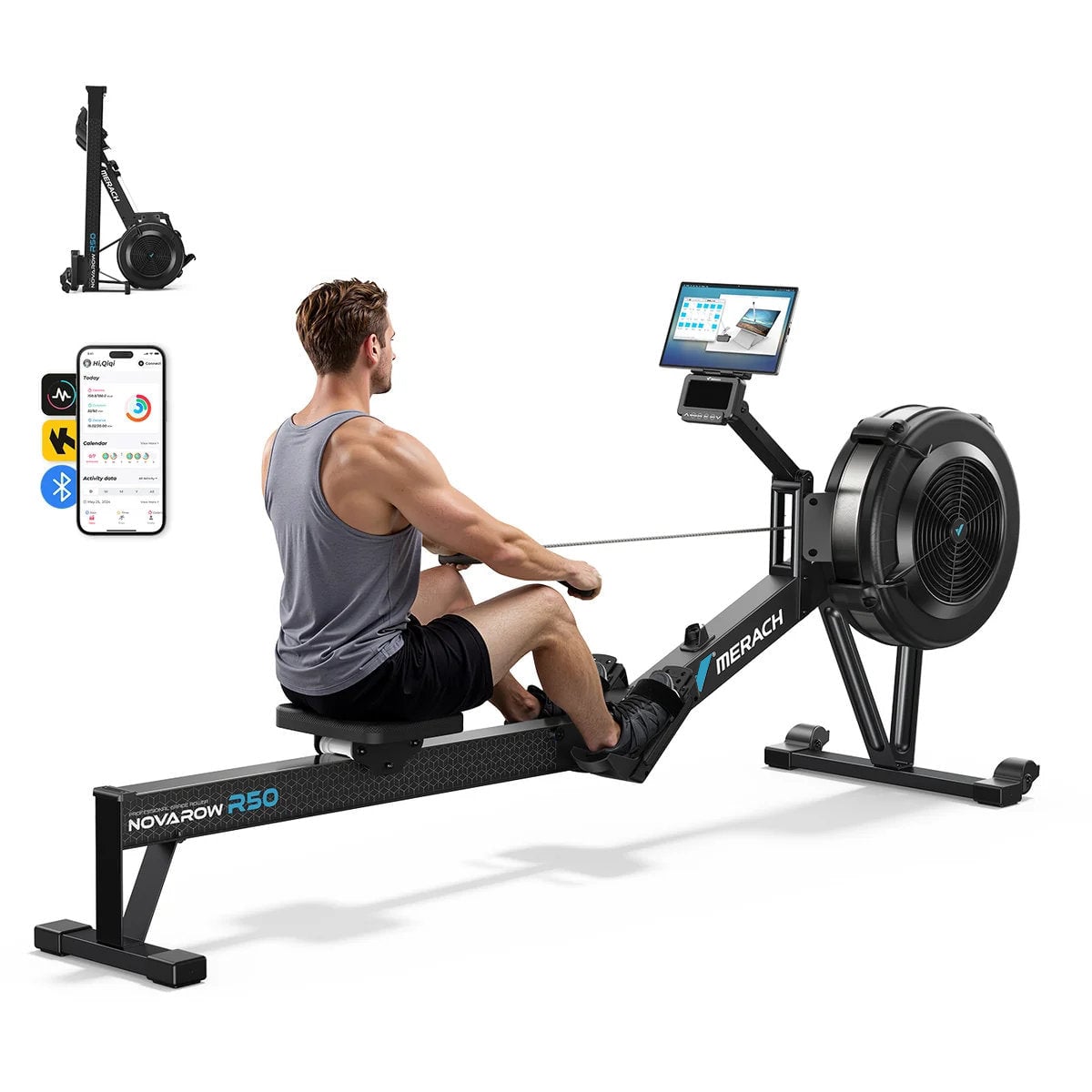 Merach NovaRow R50 Pro air rower with its performance display