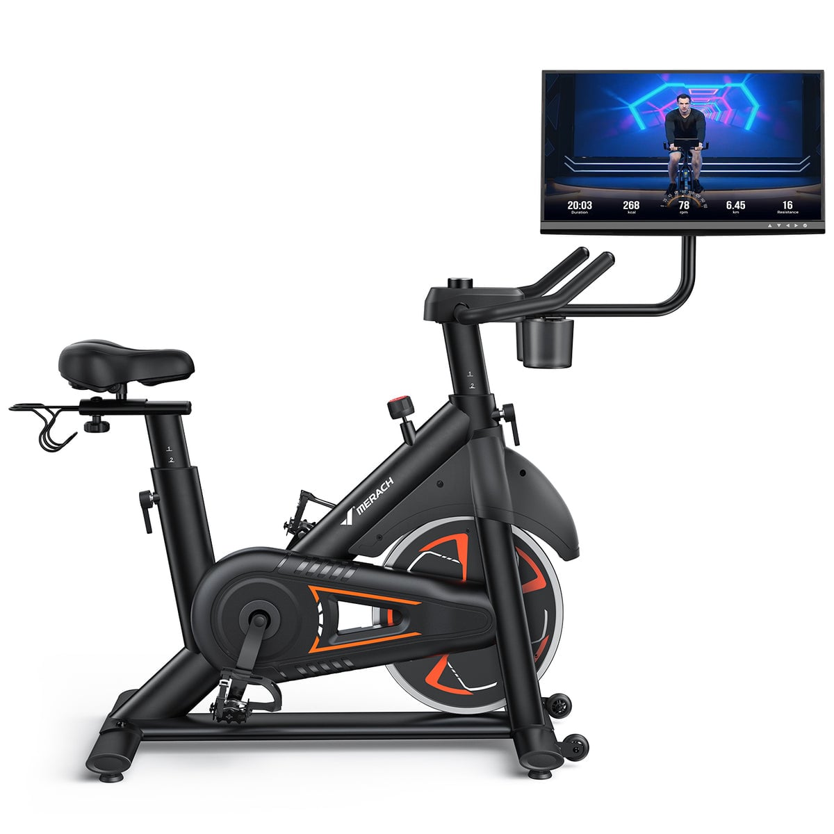 Merach S36B5 indoor exercise bike with its rotating display