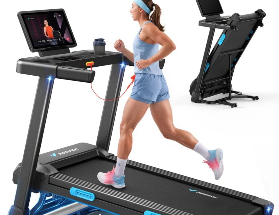Merach folding treadmill with its display and running deck