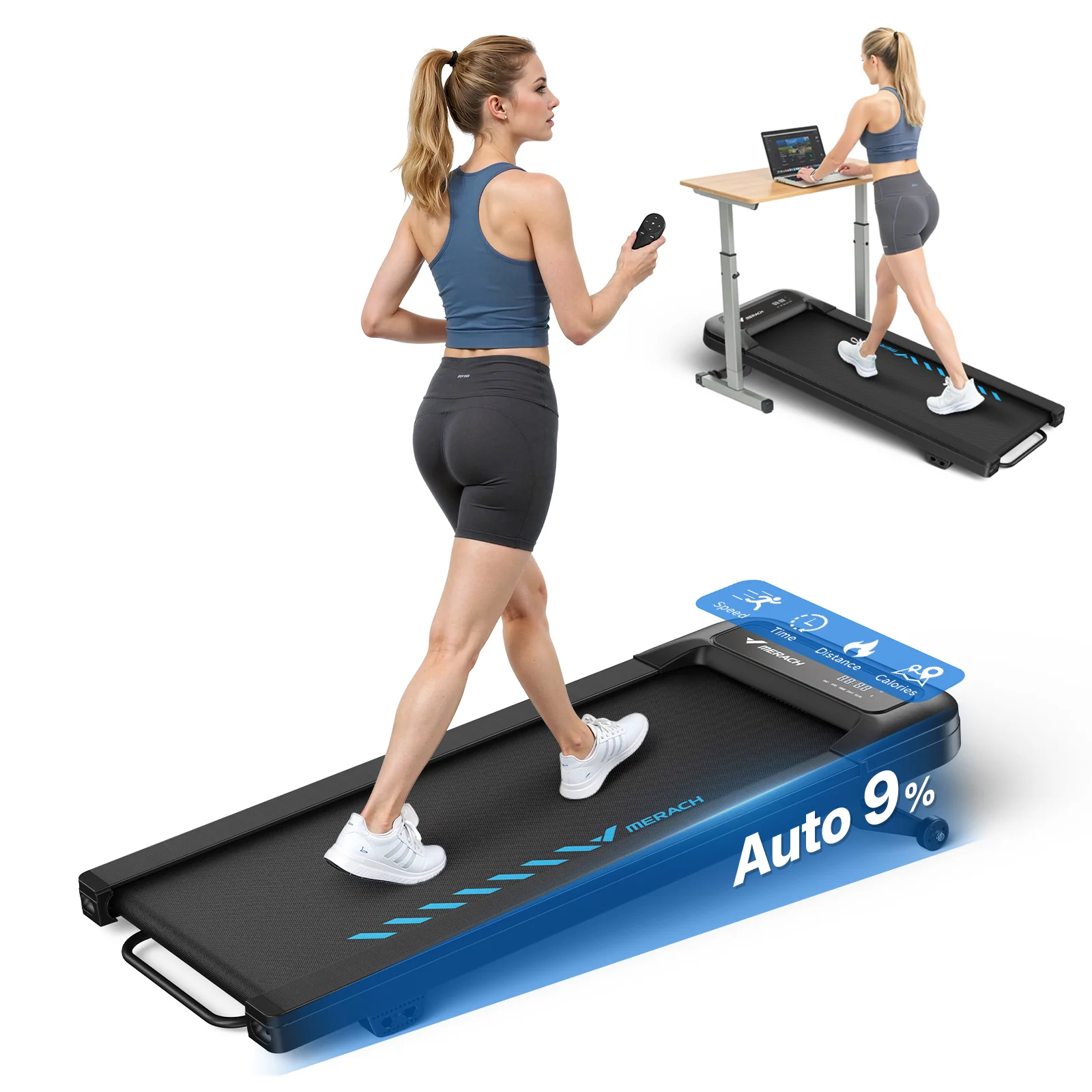 Merach T14 walking pad shown beside a desk