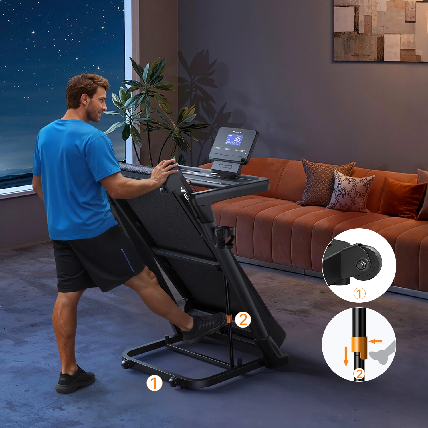 Merach T31B1 foldable treadmill shown from the side