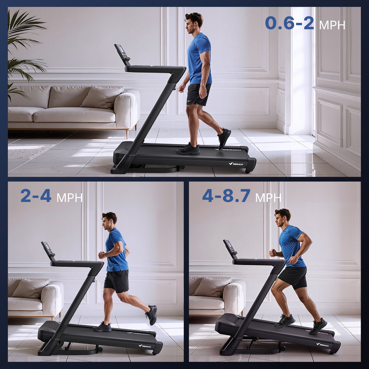 Merach T31B1 treadmill speed mode graphics and product details