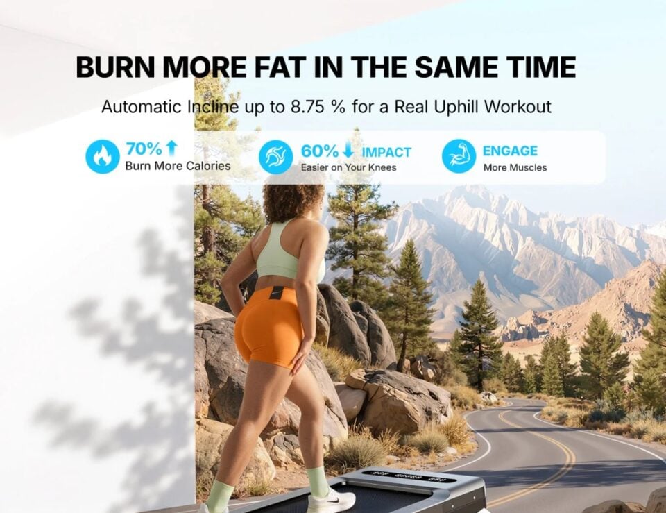Merach UltraWalk walking pad shown in a home workout setting
