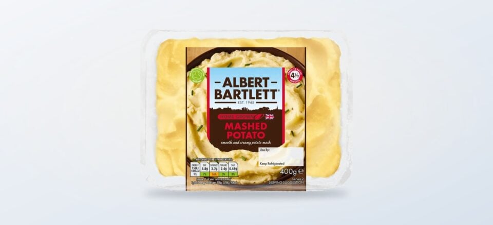 Albert Bartlett Mashed Potato pack with a serving suggestion