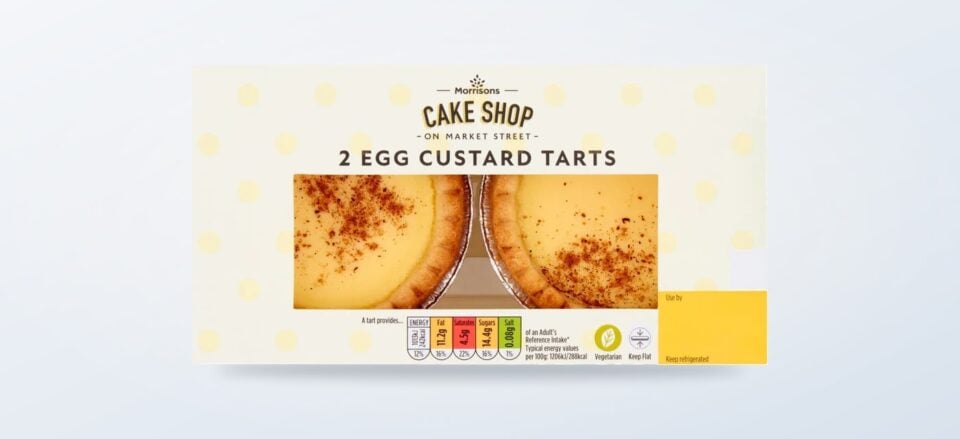 Two Market Street egg custard tarts in a pastry case
