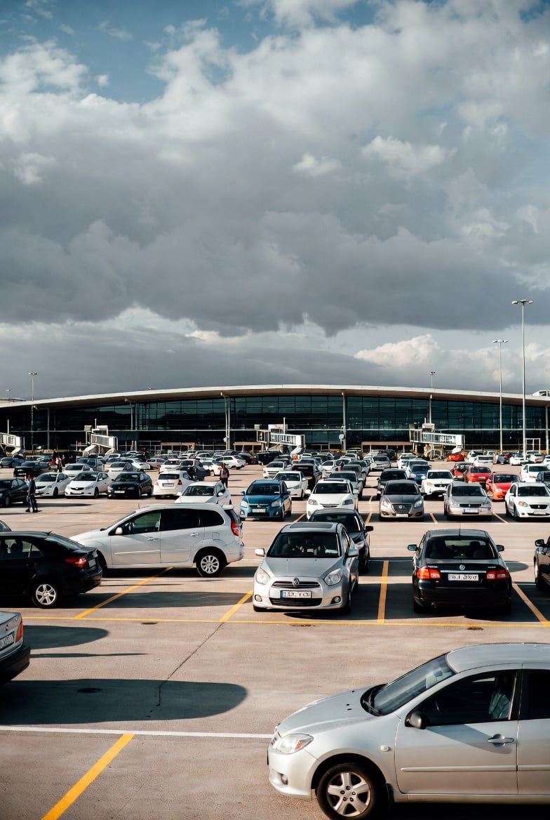 Airport parking area with parked cars