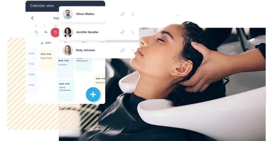 Hair salon booking scene shown on Register365 online booking page