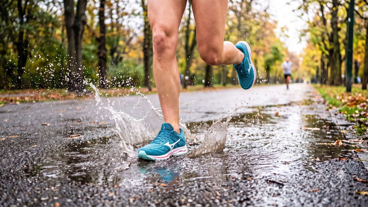 Doorweekte sportschoenen na een regenachtige loop