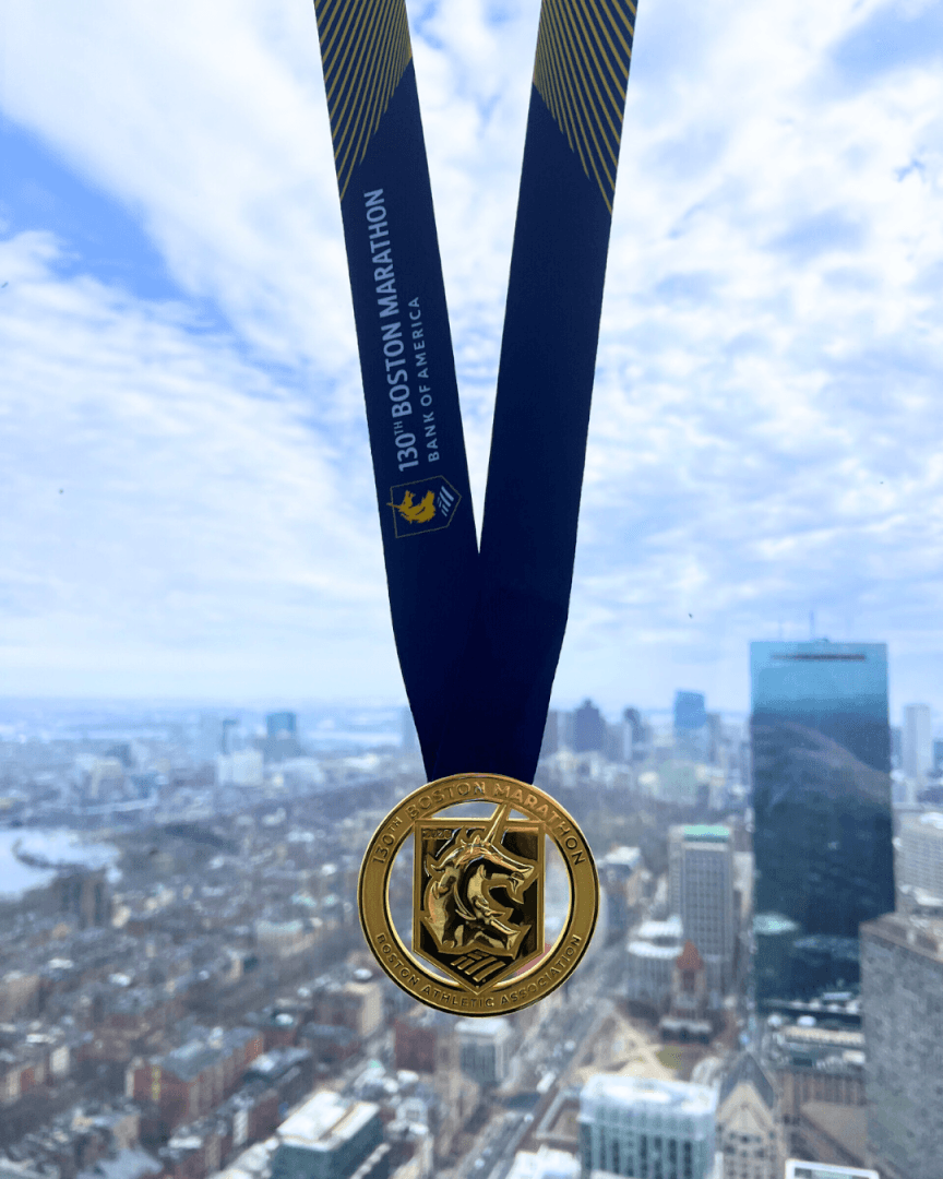 Boston Marathon scene viewed from above